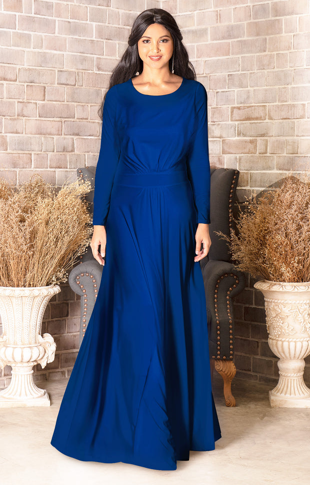 BELLA - Full Sleeve Fall Winter Tall Modest Flowy Maxi Dress Gown - Cobalt Royal Blue