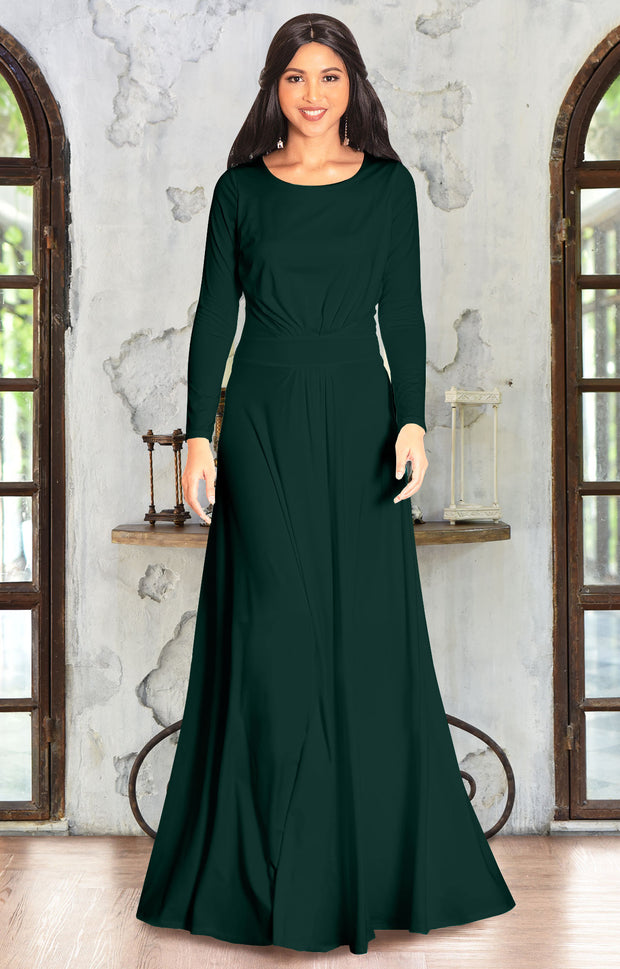 BELLA - Full Sleeve Fall Winter Tall Modest Flowy Maxi Dress Gown - Emerald Green 