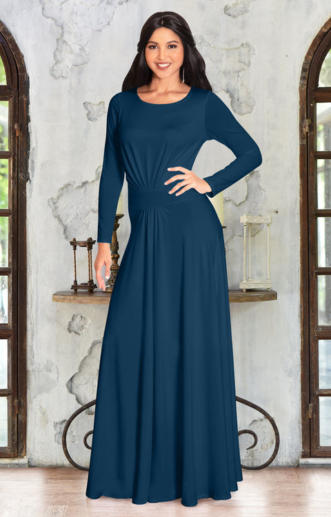 BELLA - Full Sleeve Fall Winter Tall Modest Flowy Maxi Dress Gown - Blue Teal