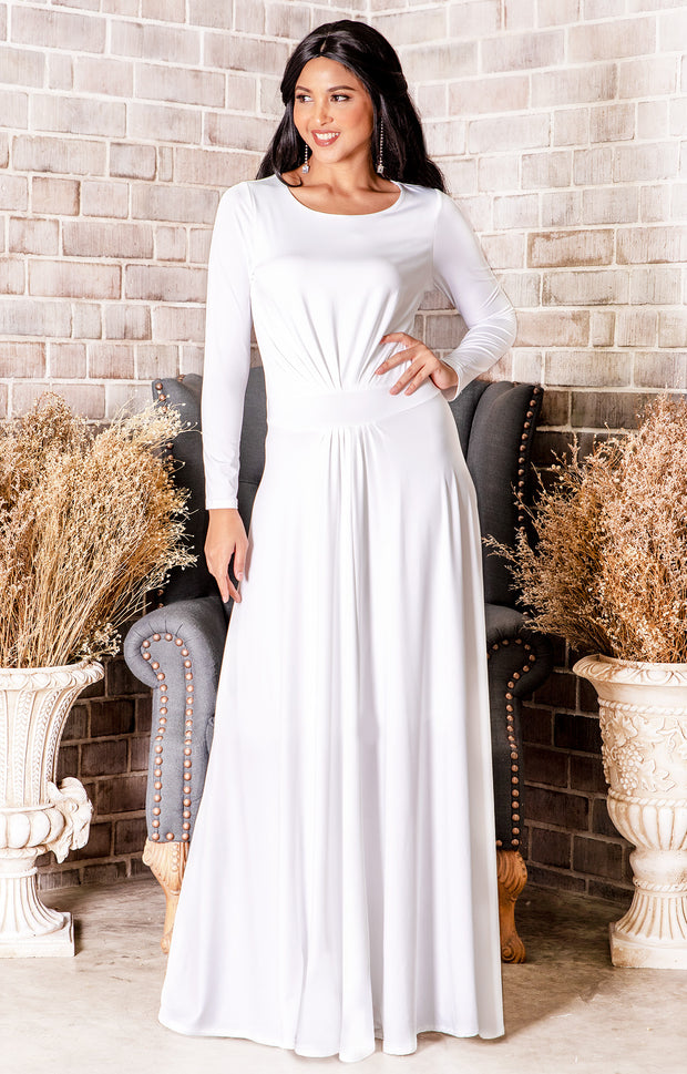BELLA - Full Sleeve Fall Winter Tall Modest Flowy Maxi Dress Gown - Ivory White