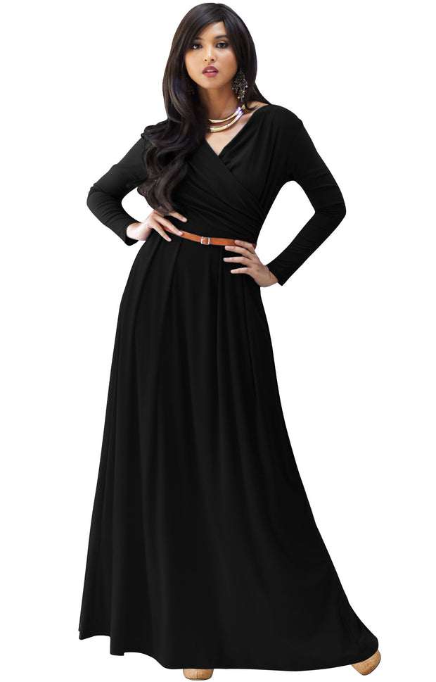 LEAH - Long Sleeves Maxi Dress Evening Empire Waist Vneck Stretchy