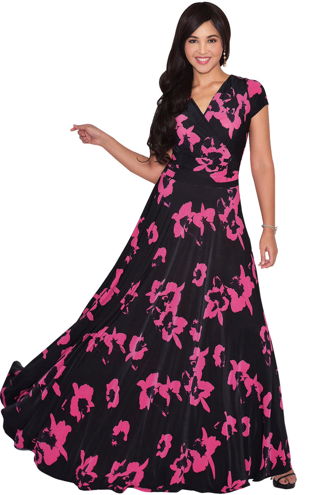 ALEXIS - Womens Floral Printed Cap Sleeves Full Floor Gown Maxi Dress - Black & Pink