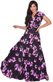 ALEXIS - Womens Floral Printed Cap Sleeves Full Floor Gown Maxi Dress - Black & Purple