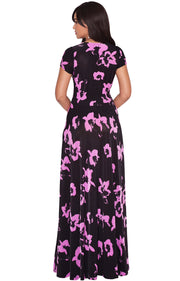 ALEXIS - Womens Floral Printed Cap Sleeves Full Floor Gown Maxi Dress