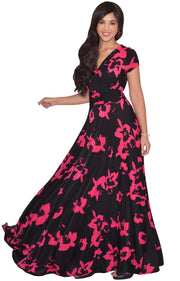 ALEXIS - Womens Floral Printed Cap Sleeves Full Floor Gown Maxi Dress - Black & Red