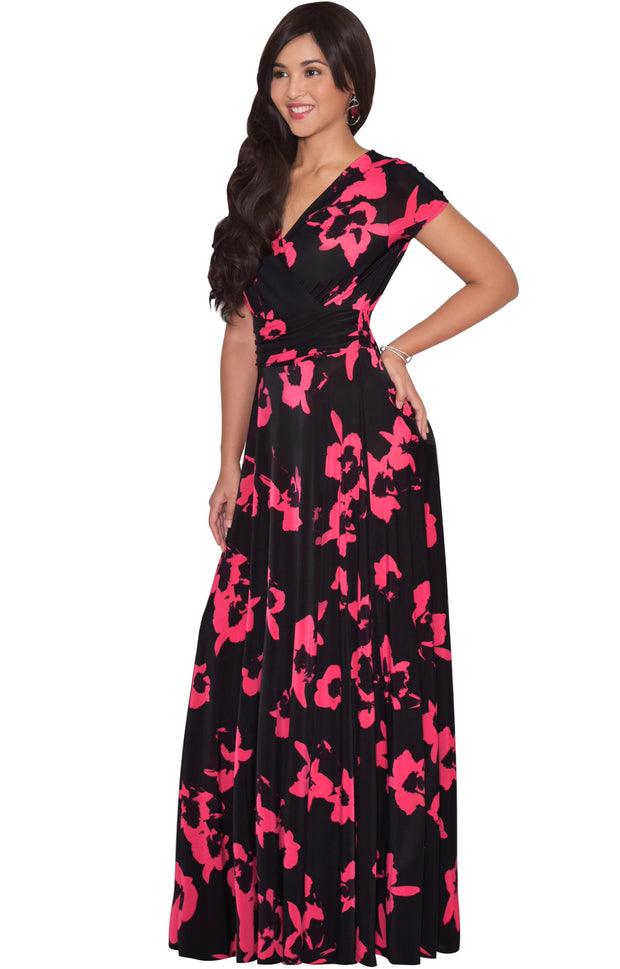 ALEXIS - Womens Floral Printed Cap Sleeves Full Floor Gown Maxi Dress