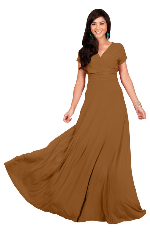 JULIANA - Long Floor Length Flowy Gown Cap Sleeve Slimming Maxi Dress