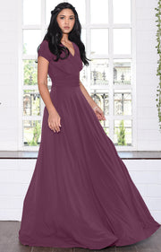 JULIANA - Long Floor Length Flowy Gown Cap Sleeve Slimming Maxi Dress