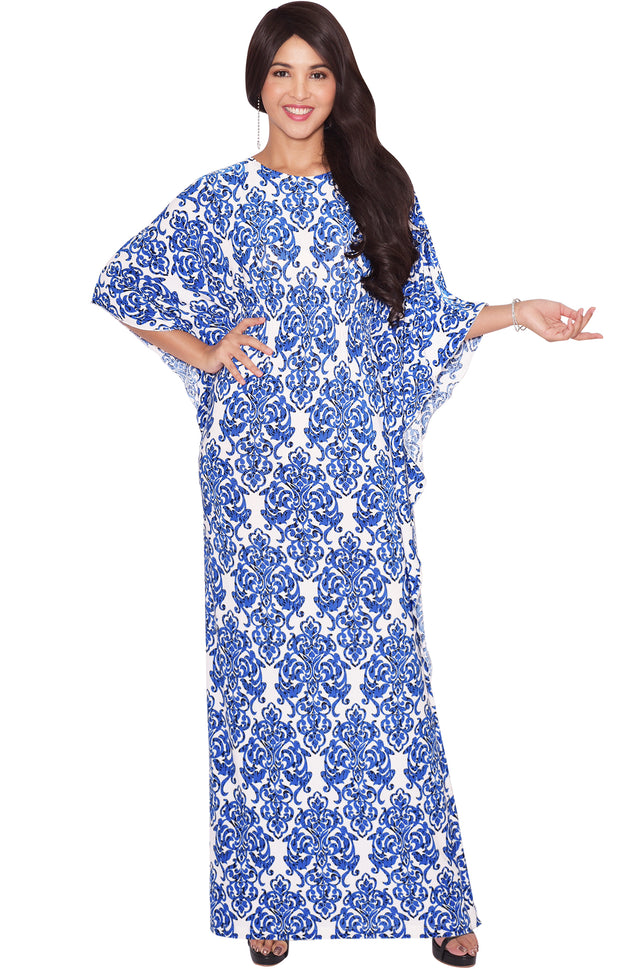 ARIANNA - Womens Damask Print 3/4 Sleeves Long Kaftan Maxi Dress Gown - White & Royal Blue
