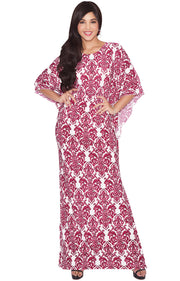 ARIANNA - Womens Damask Print 3/4 Sleeves Long Kaftan Maxi Dress Gown - White & Red