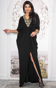 NOLA - Stylish Neck Casual Abaya Caftan High Slit Long Maxi Dress Gown - Black