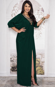 NOLA - Stylish Neck Casual Abaya Caftan High Slit Long Maxi Dress Gown - Emerald Green