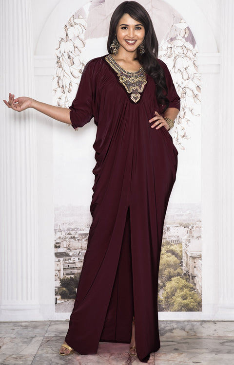 NOLA - Stylish Neck Casual Abaya Caftan High Slit Long Maxi Dress Gown - Maroon Wine Red