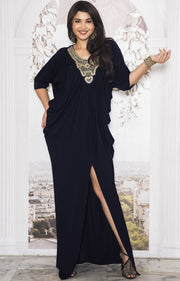 NOLA - Stylish Neck Casual Abaya Caftan High Slit Long Maxi Dress Gown - Dark Navy Blue