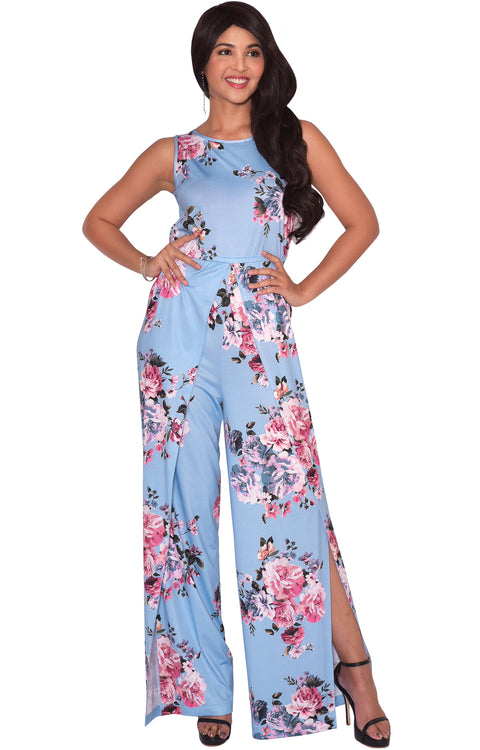 GLENDA - Womens Cute Floral Print Sleeveless One Piece Romper Jumpsuit - Blue & Pink
