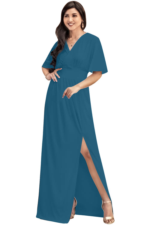 KATY - Long Sexy V-Neck Kimono Bridesmaid Short Sleeve Maxi Dress Gown ...