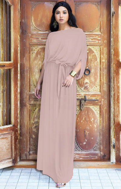 BETSI - Long Flowy Casual Half Short Sleeve Elegant Dressy Maxi Dress - Beige / 2X Large