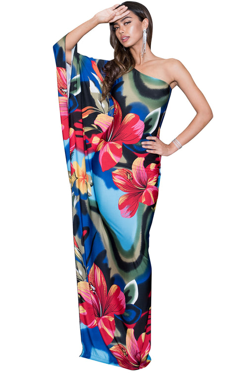 LEXI - Floral Print One Shoulder Cape Sleeve Sexy Cocktail Maxi