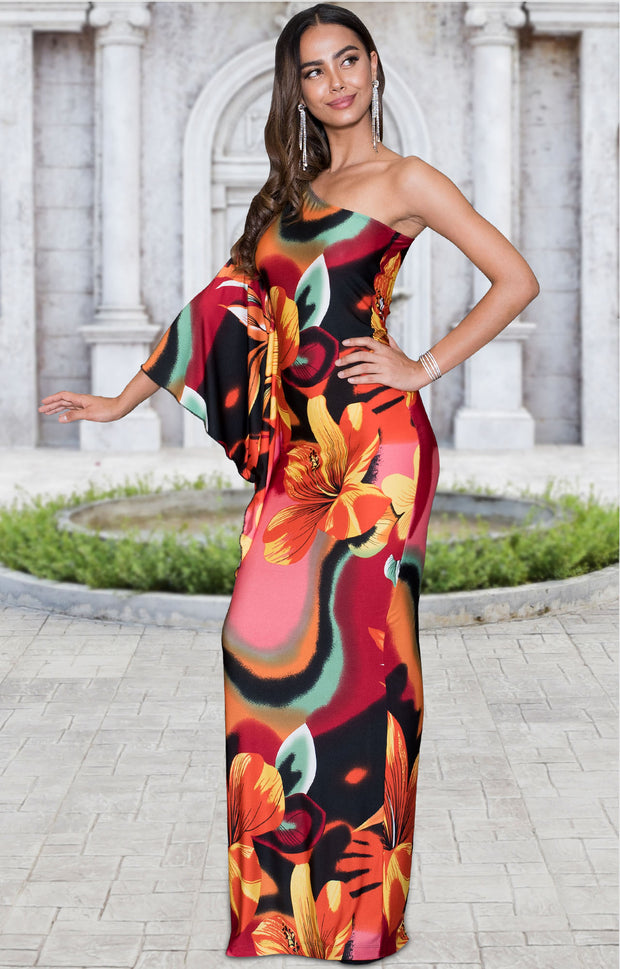 LEXI - Floral Print One Shoulder Cape Sleeve Sexy Cocktail Maxi Dress