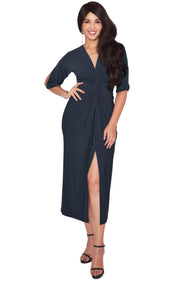 KARINE - Sexy V-Neck Short Sleeves Calf Length High Slit Midi Dresses