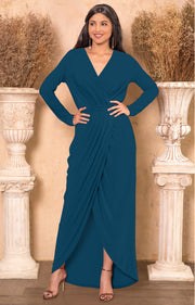 FAITH - Long Sleeve V-neck Fall Winter Elegant Evening Maxi Dress Gown