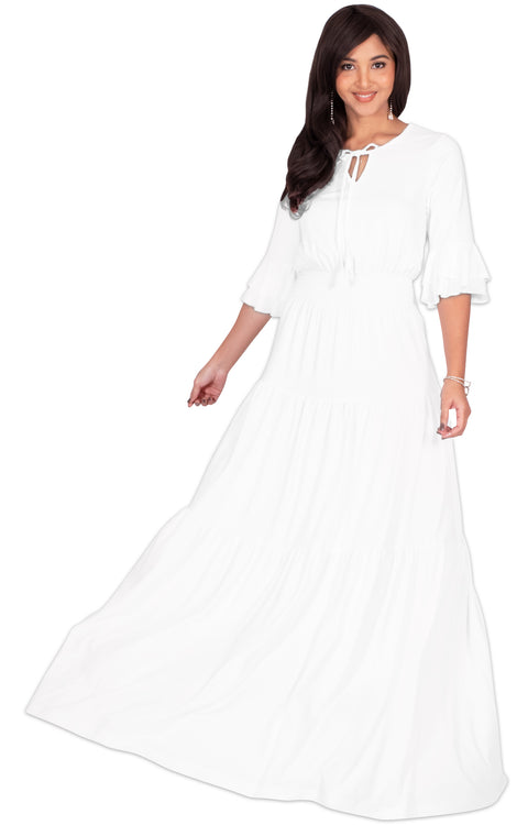 SELENA - Long Half Sleeve Vintage Flowy Casual Peasant Maxi Dress Gown