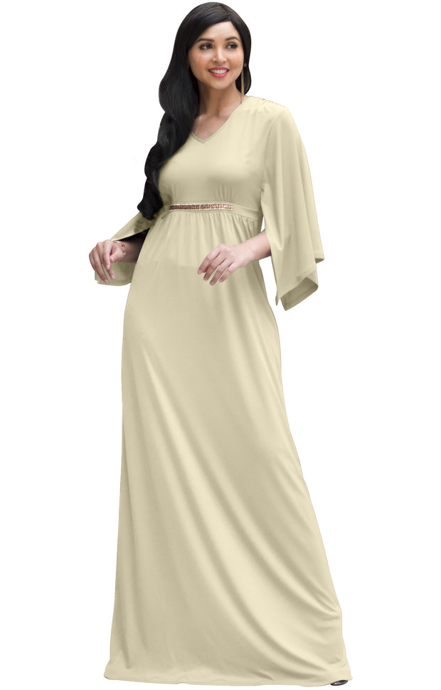 LINA - Flutter Sleeve V-neck Flowy Long Evening Kaftan Maxi Dress Gown