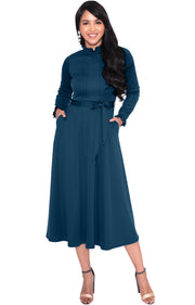 DOROTHY - Long Sleeve Modest Fall Formal Pockets Vintage Midi Dress