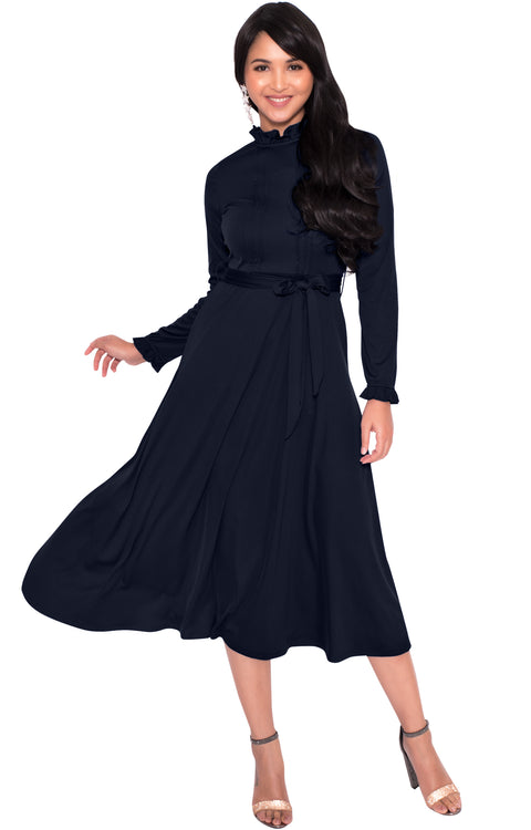 DOROTHY - Long Sleeve Modest Fall Formal Pockets Vintage Midi Dress