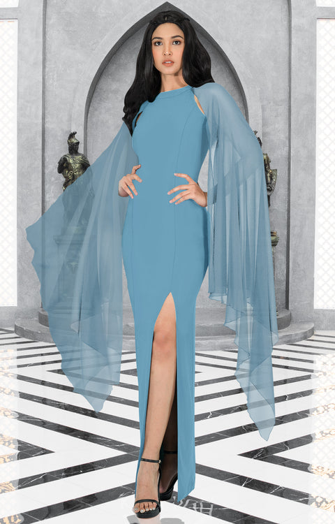 SERENA - Long Formal Elegant Evening Flowy Cape Sleeve Maxi Dress Gown