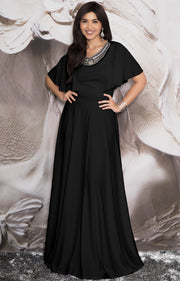 RAVON - Short Ruffle Sleeves Chic Casual Holiday Long Maxi Dress Gown - Black 