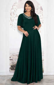 RAVON - Short Ruffle Sleeves Chic Casual Holiday Long Maxi Dress Gown - Emerald Green