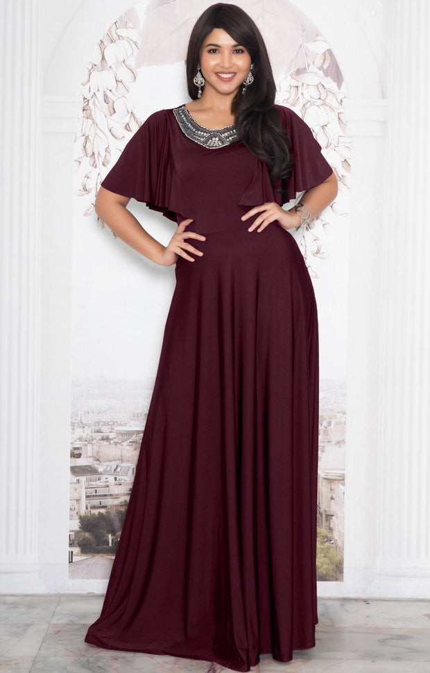 RAVON - Short Ruffle Sleeves Chic Casual Holiday Long Maxi Dress Gown - Maroon Wine Red