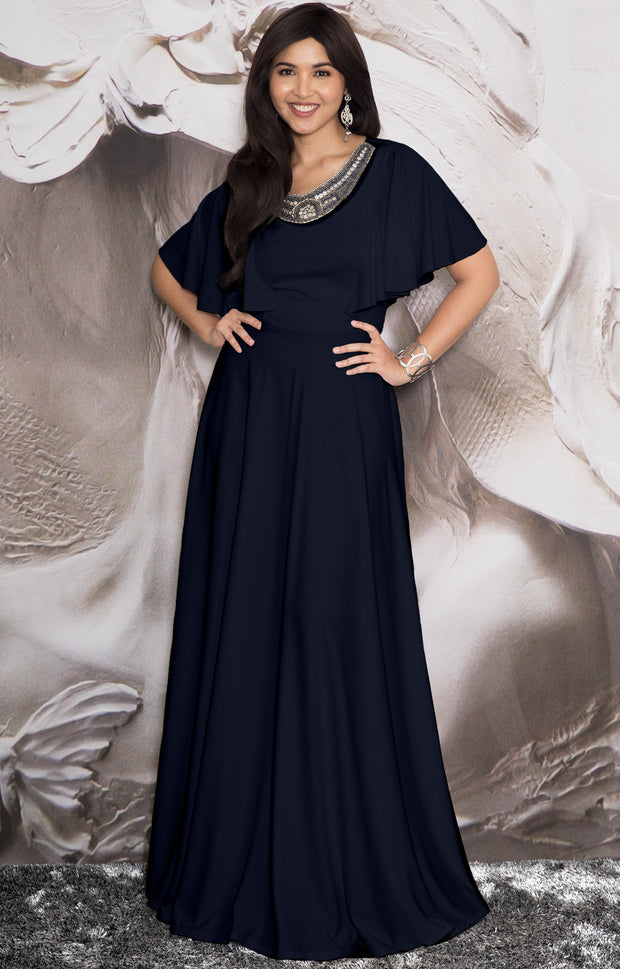 RAVON - Short Ruffle Sleeves Chic Casual Holiday Long Maxi Dress Gown - Dark Navy Blue