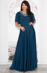 RAVON - Short Ruffle Sleeves Chic Casual Holiday Long Maxi Dress Gown - Blue Teal