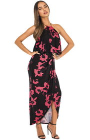 AVERY - Sexy Halter High Low Floral Print Cocktail Maxi Dress - Black & Purple