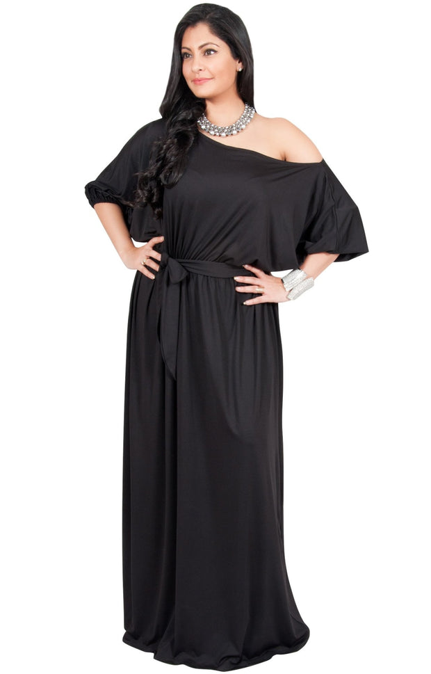 Adelyn & Vivian Plus Size Maxi Dress 3/4 Sleeve One Shoulder Formal - Black / 2X Large