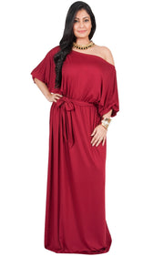 Adelyn & Vivian Plus Size Maxi Dress 3/4 Sleeve One Shoulder Formal - Claret Crimson Red / 2X Large