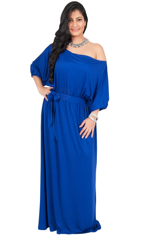 Adelyn & Vivian Plus Size Maxi Dress 3/4 Sleeve One Shoulder Formal - Cobalt Royal Blue / Extra Large