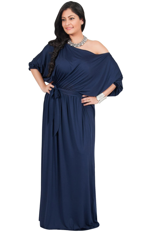 Adelyn & Vivian Plus Size Maxi Dress 3/4 Sleeve One Shoulder Formal - Dark Navy Blue / Extra Large