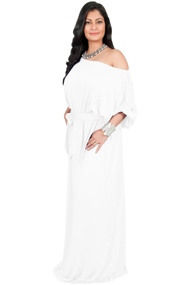 Adelyn & Vivian Plus Size Maxi Dress 3/4 Sleeve One Shoulder Formal - Ivory White / 2X Large