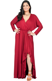 Adelyn & Vivian Plus Size Maxi Dress Crossover Split Ruffle Long Sexy - Claret Crimson Red / 2X Large