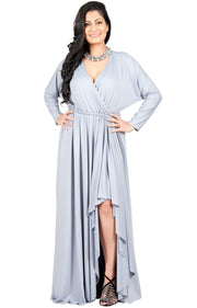 Adelyn & Vivian Plus Size Maxi Dress Crossover Split Ruffle Long Sexy - Silver Light Gray / 2X Large
