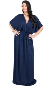 Adelyn & Vivian Plus Size Maxi Dress V-Neck Kimono Sleeve Cocktail - Dark Navy Blue / 2X Large
