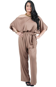 Adelyn & Vivian Plus Size Off Shoulder 3/4 Sleeve Casual Evening Jumpsuit - Brown Latte / Extra Large