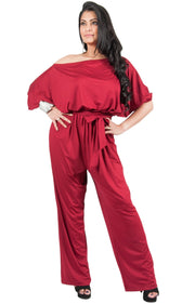 Adelyn & Vivian Plus Size Off Shoulder 3/4 Sleeve Casual Evening Jumpsuit - Claret Crimson Red / 2X Large