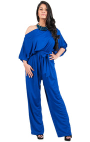 Adelyn & Vivian Plus Size Off Shoulder 3/4 Sleeve Casual Evening Jumpsuit - Cobalt Royal Blue / Extra Large