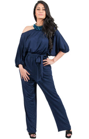 Adelyn & Vivian Plus Size Off Shoulder 3/4 Sleeve Casual Evening Jumpsuit - Dark Navy Blue / 2X Large