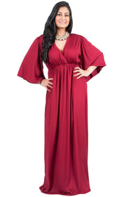 Adelyn & Vivian Plus Size V-Neck Long Kimono Sleeve Formal Maxi Dress - Claret Crimson Red / 2X Large