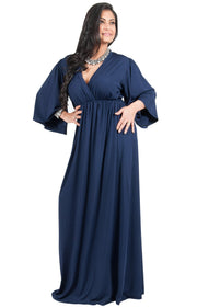 Adelyn & Vivian Plus Size V-Neck Long Kimono Sleeve Formal Maxi Dress - Dark Navy Blue / 2X Large